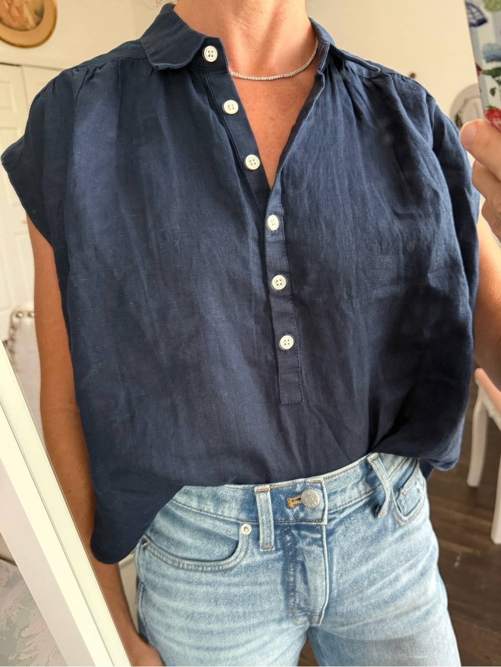 NWT J.Crew Baird McNutt Irish Linen Navy Popover Top XS Collared - Picture 2 of 10